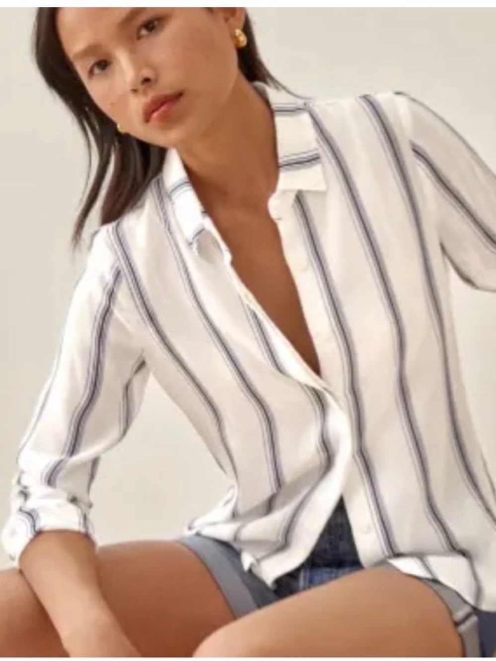 Reformation White Button-Down Shirt with Navy Stripes